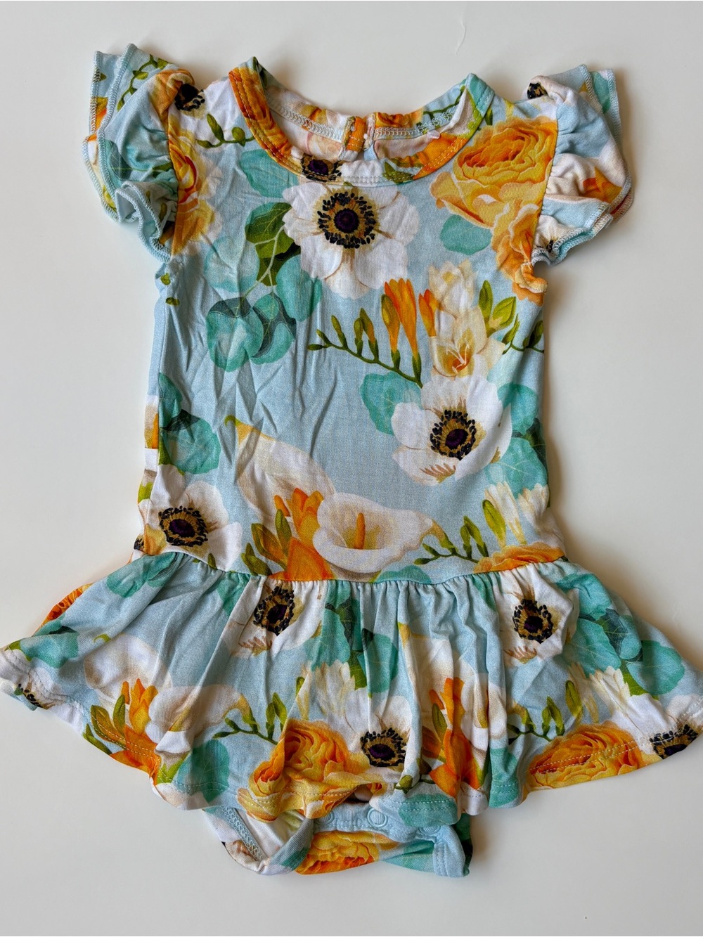 Little Bum Bums Twirl Skirt Bodysuit 3-6 mo Light Blue w/ flowers Bamboo/Spandex